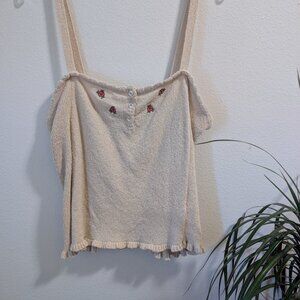 Rouje Cream Terry Knit Tank with Embroidered Roses